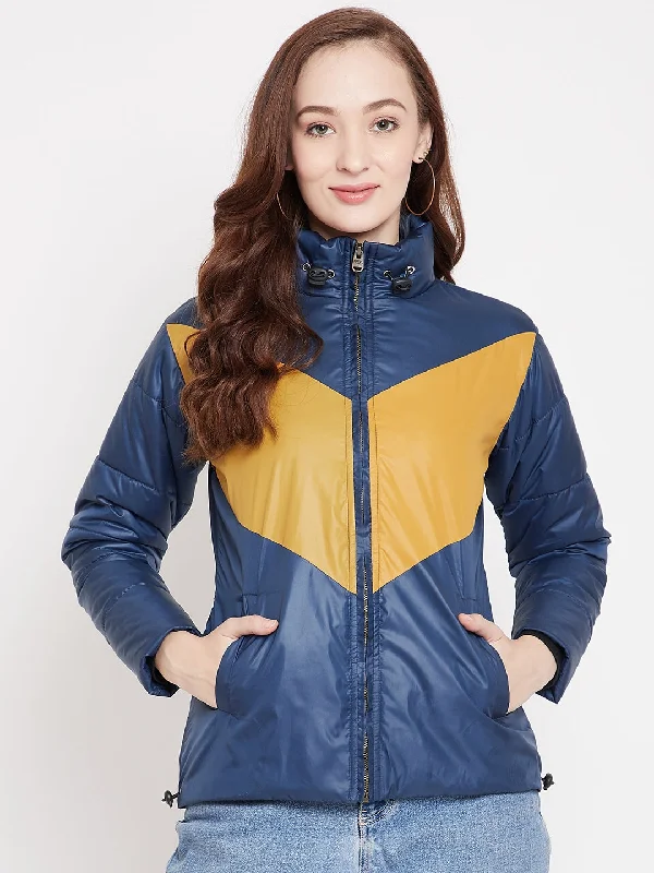 JUMP USA Women Blue Padded Jacket Print Jacquard Patchwork