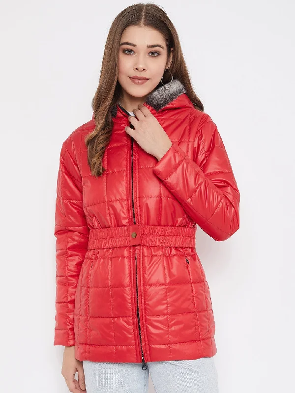 JUMP USA Women Red Solid Padded Jacket Zippered Buttoned Snapped