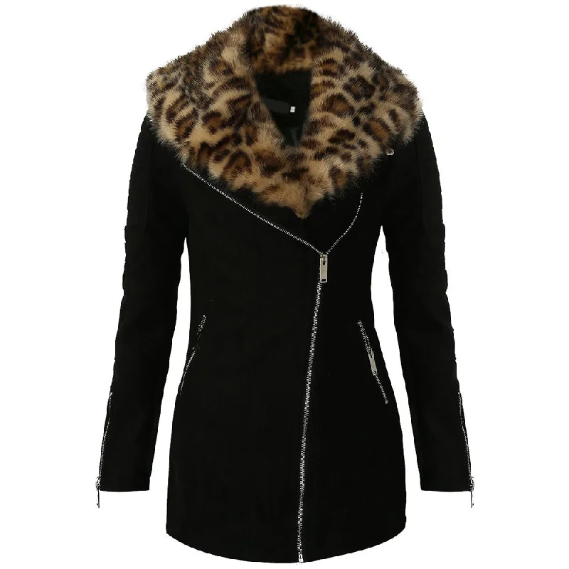 Kia Foleys Suede Leather Jacket With Leopard Print Fur Collar Anti-Pilling Machine Wash Handmade