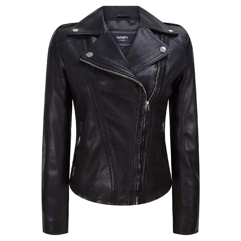 Ladies Leather Jacket Classic Biker Style Black REAL Leather Womens Jacket Graphic T-Shirt Round Neck Polyester