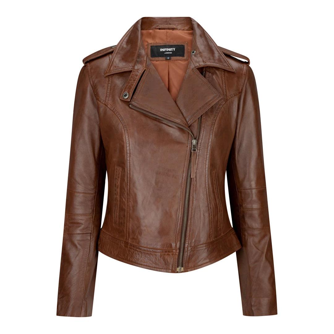 Ladies real Leather Brown Slim Fit Short Retro Leather Jacket Denim Fabric Leather Fabric Suede Fabric