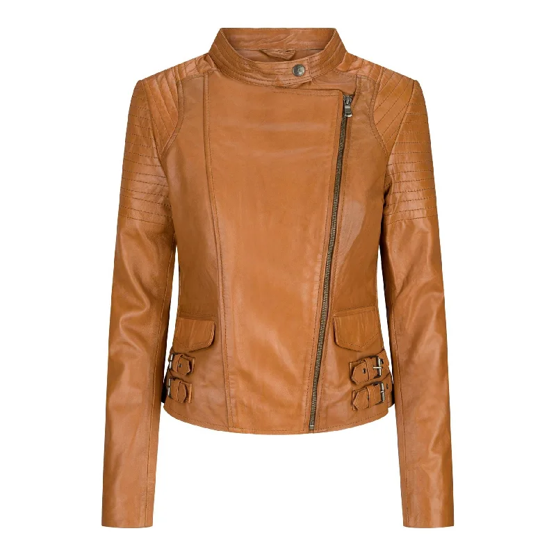 Ladies Real Leather Jacket Short Fitted Bikers Style Vintage Tan Brown Rock Terry Blend Velvet Blend Canvas Blend