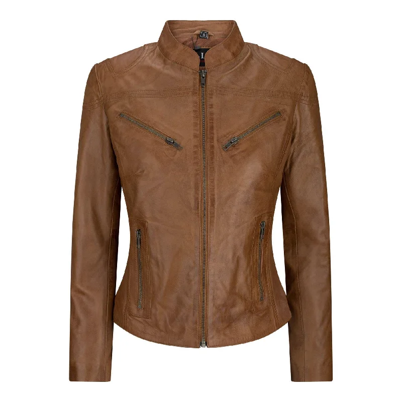 Ladies Real Leather Tan Biker Style Fashion Jacket Size UK 6-20 Rayon Velvet Corduroy