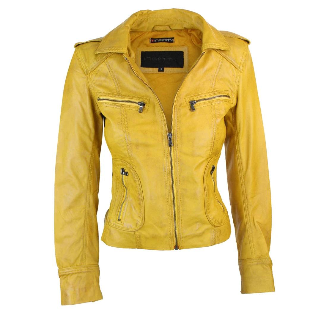 Ladies Real Leather Yellow Biker Style Fashion Jacket Size UK 6-18 Spandex Blend Rayon Blend Denim Blend