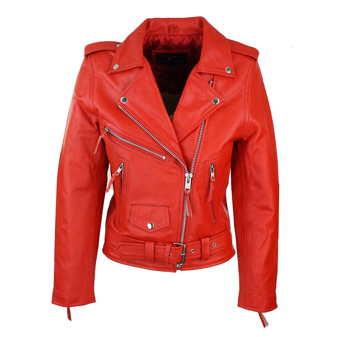 Ladies Women Classic Brando Biker Motorcycle Motorbike Hide Leather Jacket Front Pockets Side Pockets Patch Pockets