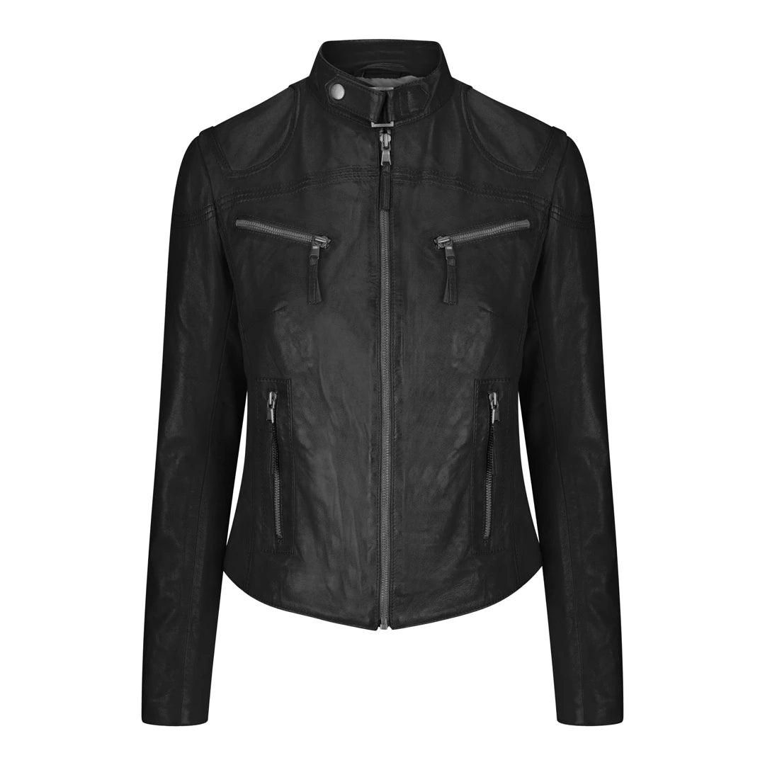 Ladies Womens Real Leather Vintage Slim Fit Biker Leather Jacket Collared Crew Neck Turtle Neck