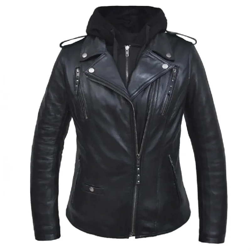 Open Road Women's Hooded Classic Leather Motorcycle Jacket Beaded Sequined Faux Fur