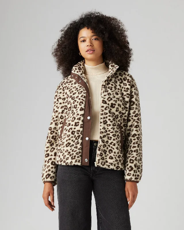 Valley Sherpa Jacket in Esso Cheetah White Swan Spandex Blend Rayon Blend Denim Blend