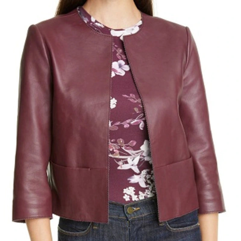 Women's Magenta Crop Leather Jacket Front Pockets Side Pockets Patch Pockets