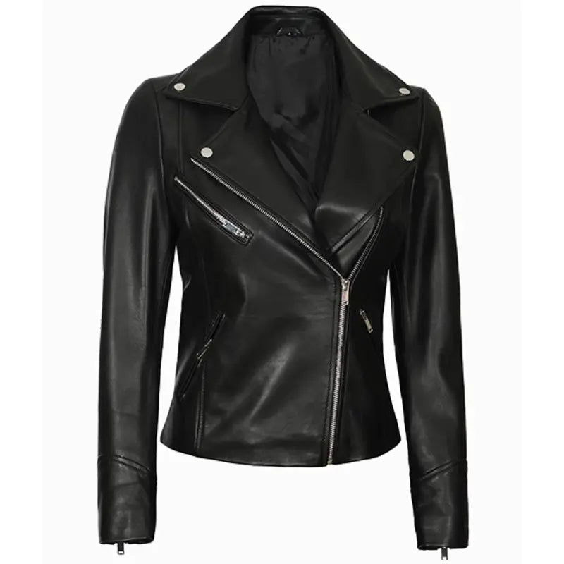 Motorcycle Black Leather Women's Jacket Embroidered Appliqued Beaded