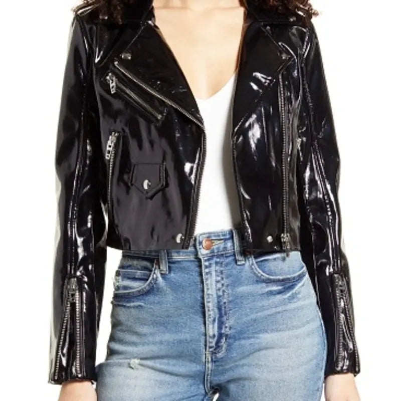 Patent Black Moto Leather Crop Jacket Cashmere Blend Cotton Blend Poly Blend