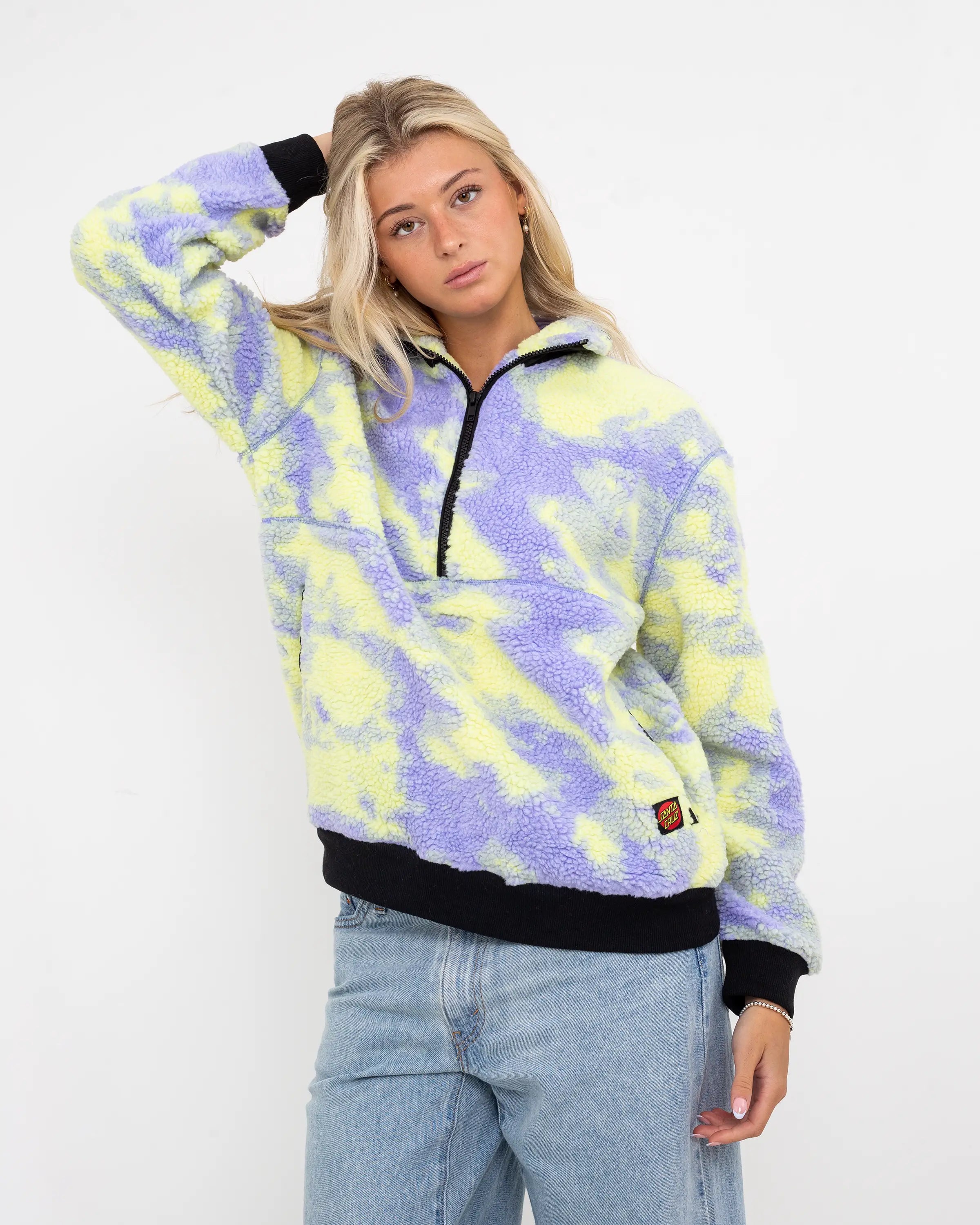 Astra Sherpa Fleece Jacket in Purple & Yellow Tie Dye Oversized T-Shirt Spandex breathable