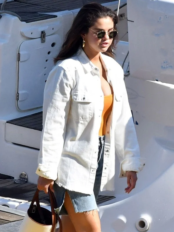 Selena Gomez White Cotton Jacket Fleece Fabric Down Fabric Feather Fabric