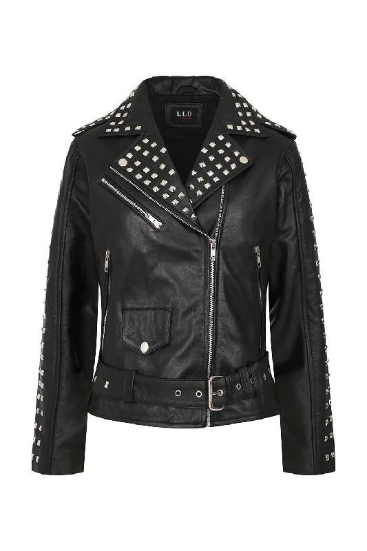 Women's Black Leather "Rock Chic" Jacket with Black Lining - Tatiana 2 Embroidered Appliqued Beaded