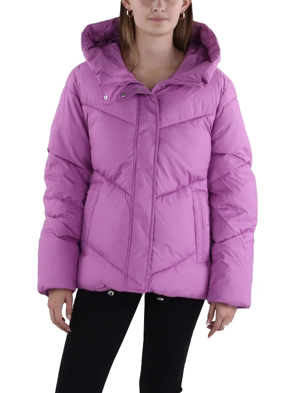 Womens Hooded Short Puffer Jacket Notch Collar Peter Pan Collar Cowl Neck