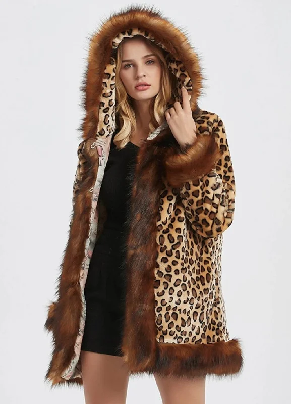 Womens Leopard Print Hooded Faux Fur Collar Jacket Elegant Classic Vintage