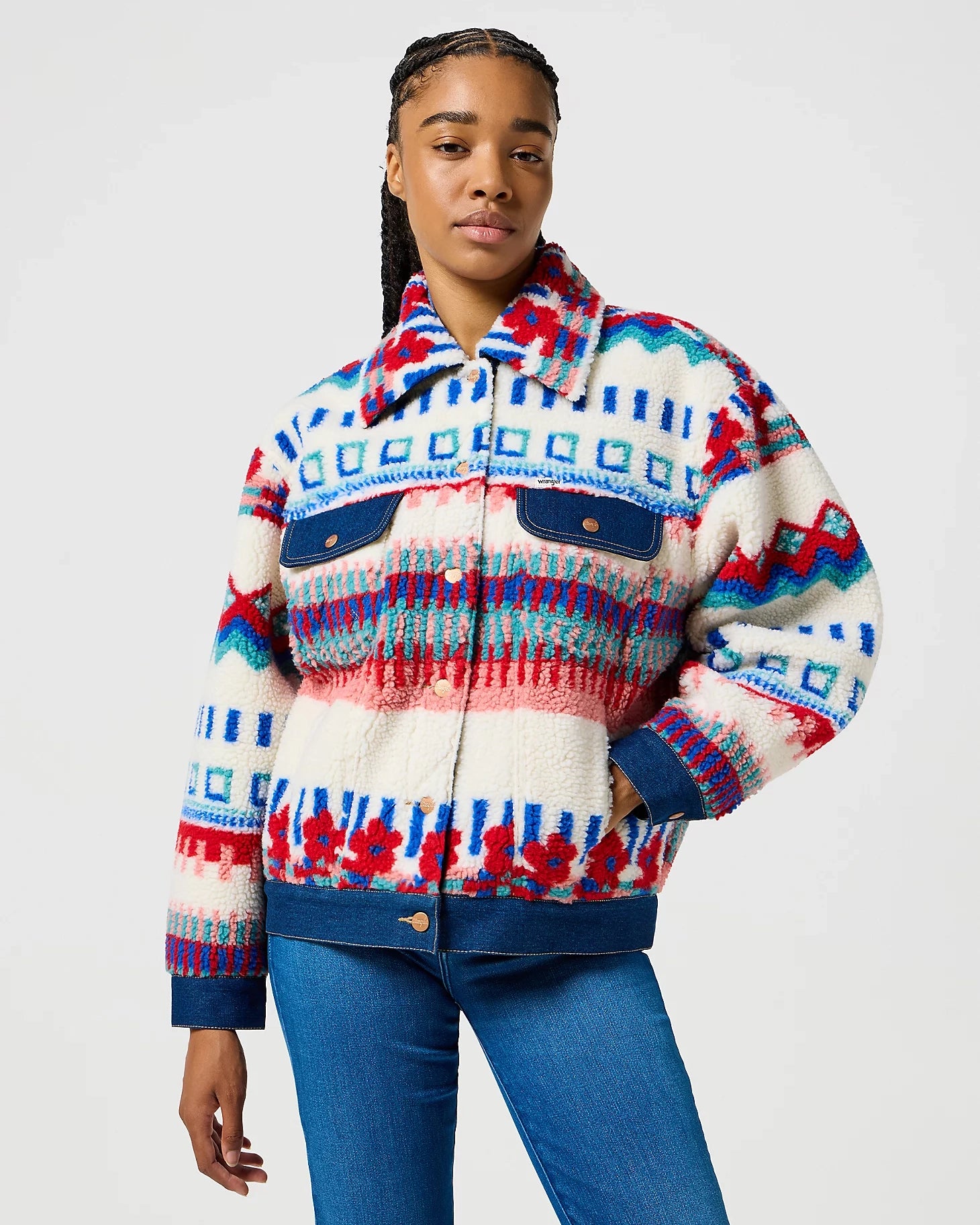 Sherpa Trucker Fleece Jacket in Fun Floral Seamless Knitted Crochet