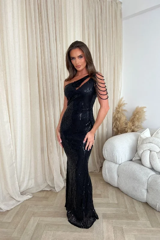 Impress Luxe Black One Shoulder Beaded Fringe Sequin Embellished Illusion Maxi Dress Trendy V-Neck Maxi Dress