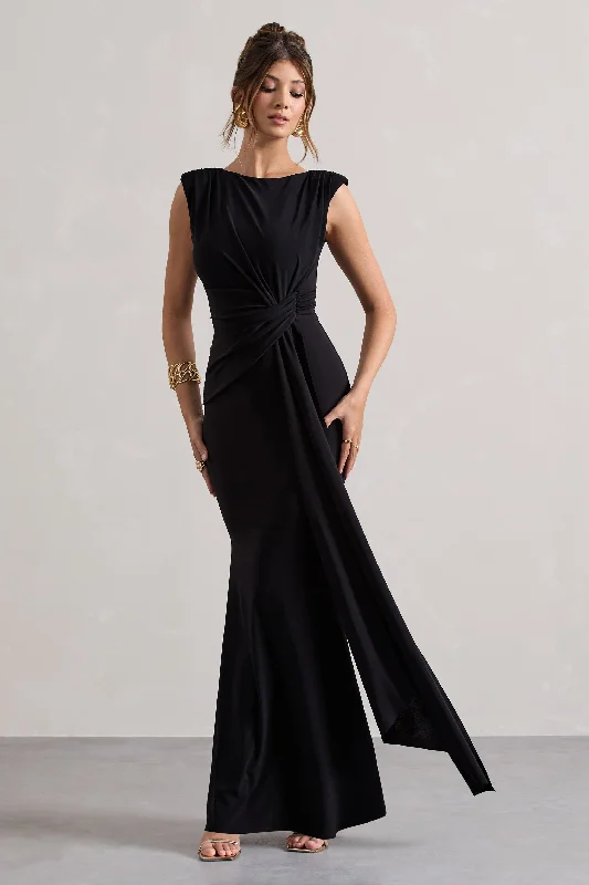 Kadie | Black Sleeveless Gathered Maxi Dress With Drape Elegant Maxi Dress with Belt