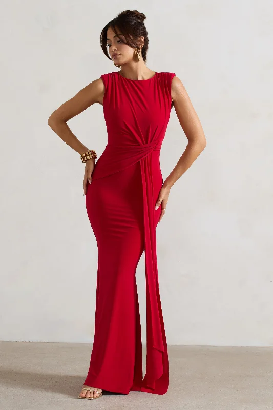 Kadie | Red Sleeveless Gathered Maxi Dress With Drape Trendy Ruffled Maxi Dress