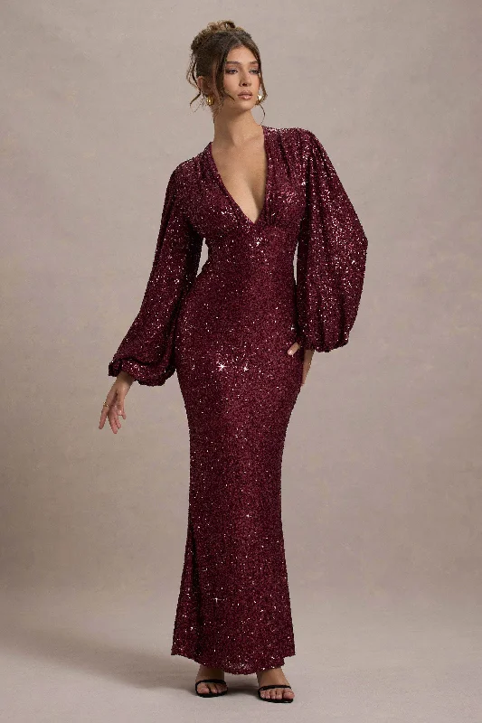 Kaelin | Berry Sequin Plunge-Neck Maxi Dress Fashionable Layered Maxi Dress