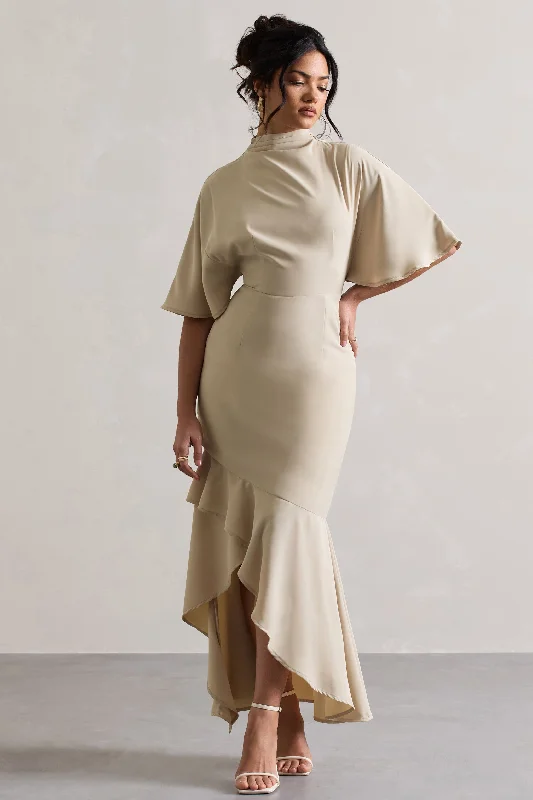 Lavinia | Champagne High-Neck Flutter-Sleeve Asymmetric Maxi Dress Stylish Button-Up Maxi Dress