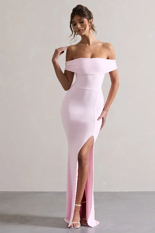 Law of Attraction | Pink Bardot Draped Split Maxi Dress Cozy Knit Maxi Dress