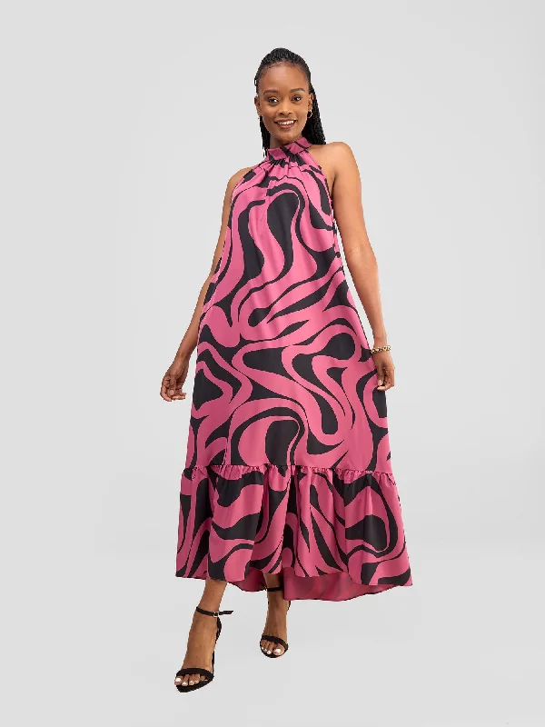 Vivo Halter Maxi Dress - Dark Pink / Black Manda Print Chic Sleeveless Maxi Dress