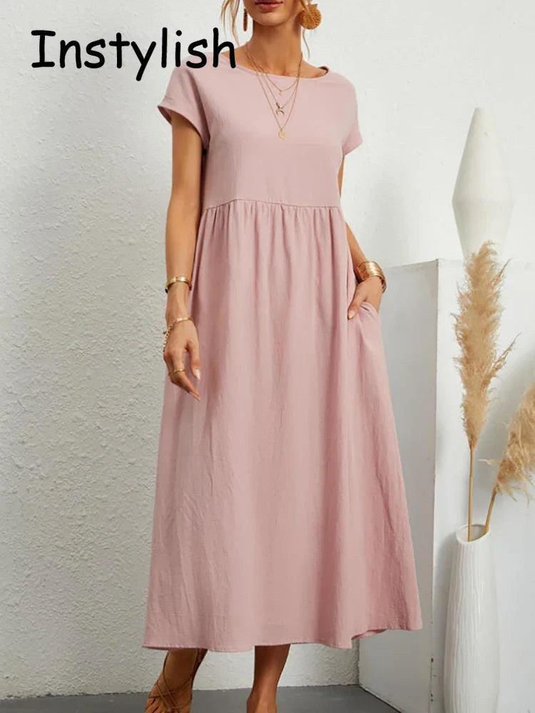 Elegant Vintage Maxi Dress: Summer Fashion Staple with O-neck and A-line Silhouette Trendy Fit-and-Flare Maxi Dress