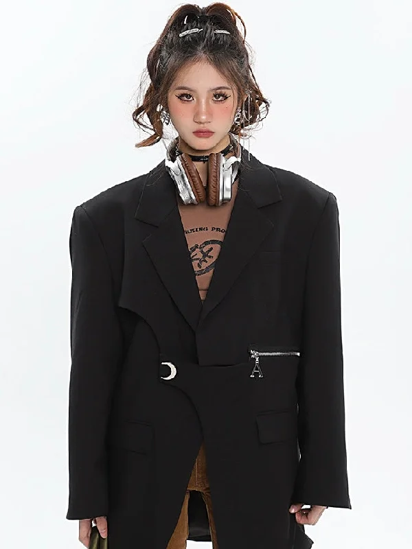 A Croissant Moon Silver Brooch Embroidery Zipper Button Up Long Sleeve Button Up Blazer Jacket Trench Coat Raincoat Waterproof Jacket