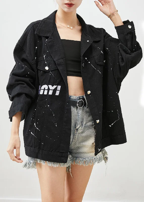 Art Black Oversized Letter Print Denim Jackets Fall Fleece Jacket Down Jacket Feather Jacket