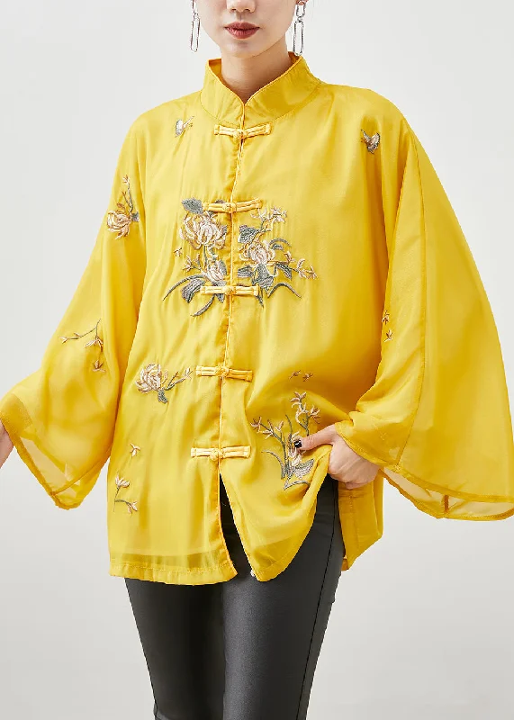 Chinese Style Yellow Embroideried Silk Jackets Fall Belted Jacket Elasticated Jacket Padded Jacket