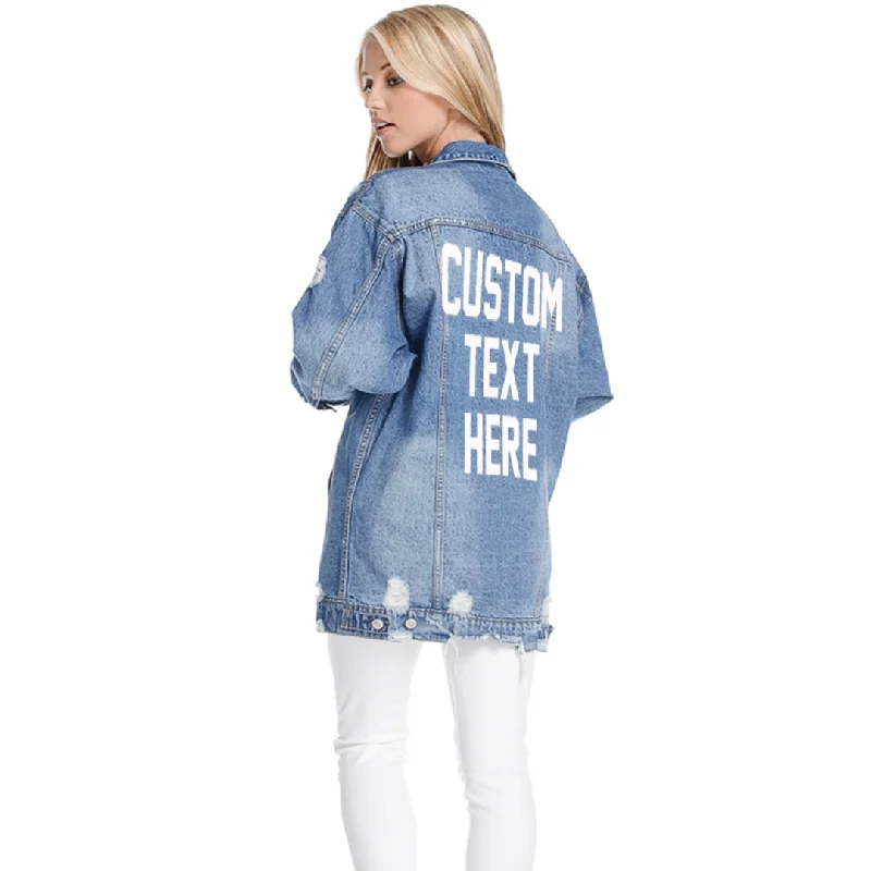 Custom Text Distressed Long Denim Jacket Nylon Fabric Polyester Fabric Spandex Fabric