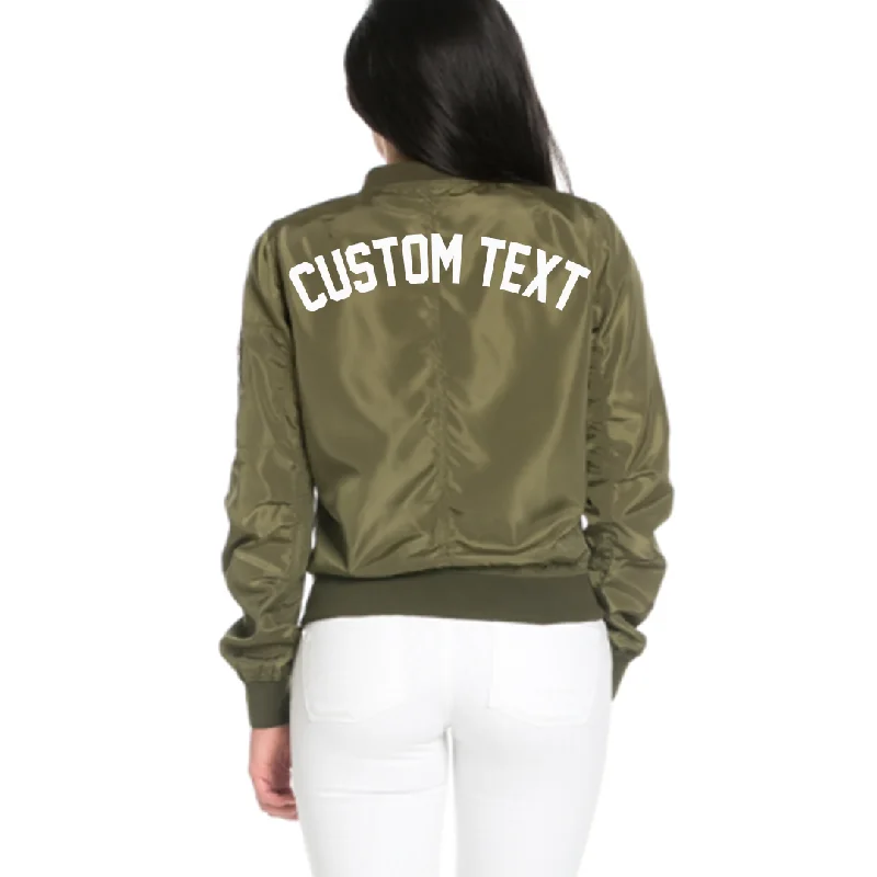 Custom Text Womens Olive Green Bomber Jacket Stand-Up Collar Roll-Neck Collar Turtle Neck