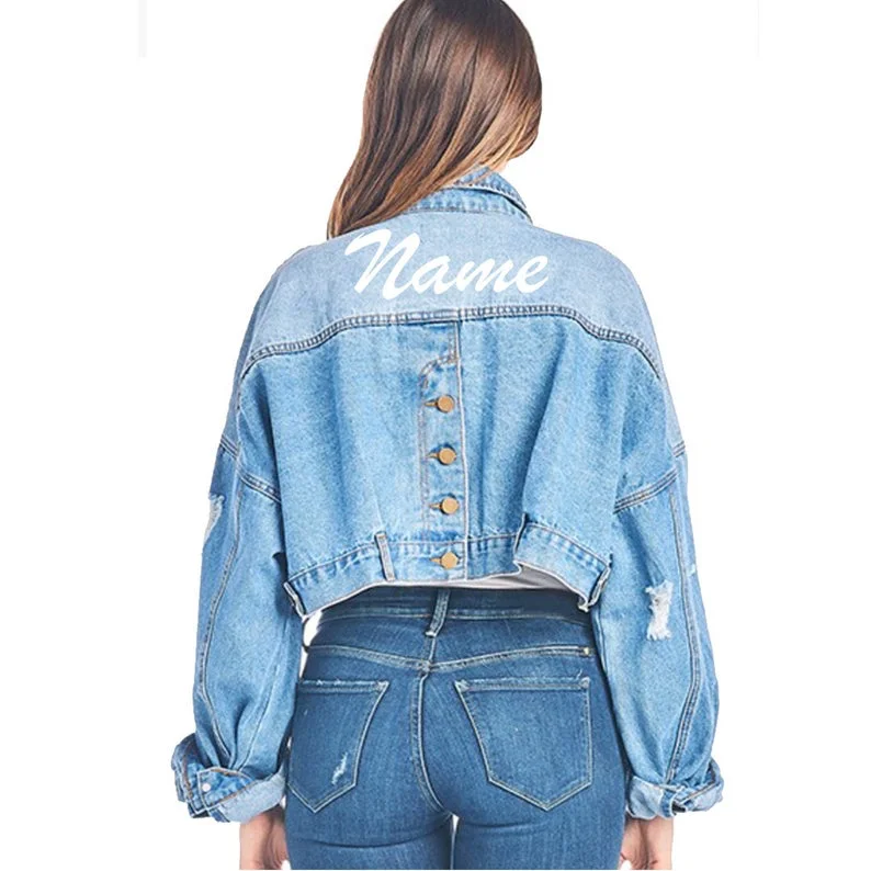 Custom Text Vintage Crop Denim Jacket Herringbone Jacket Houndstooth Jacket Plaid Jacket