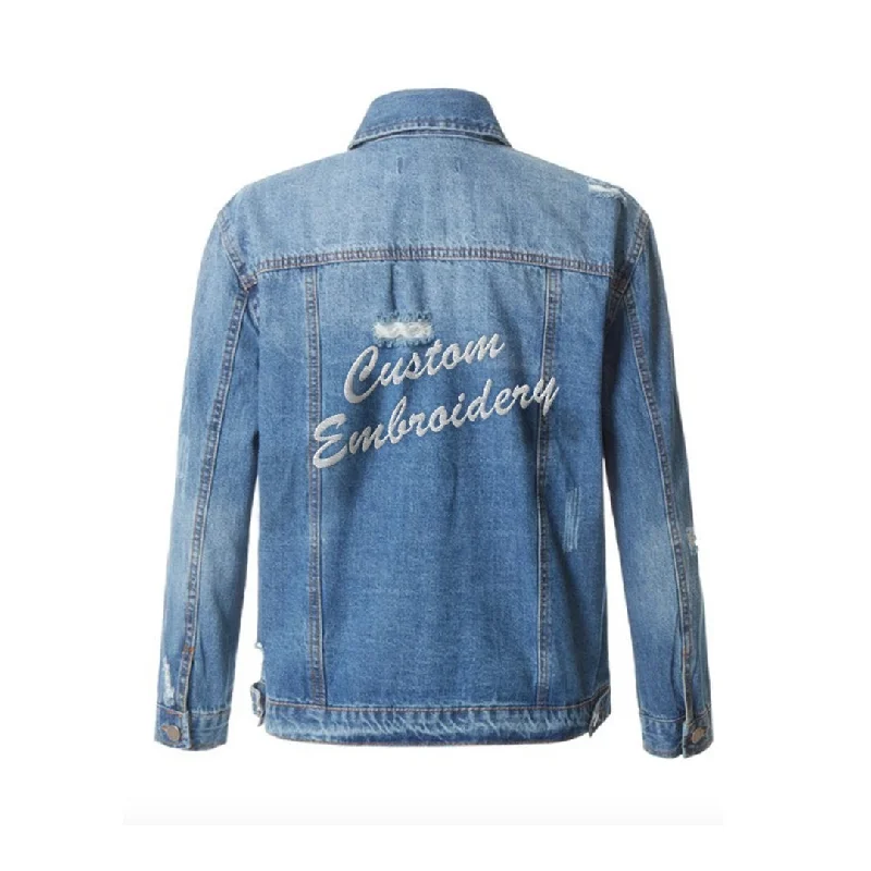 Custom Text Embroidered Distressed Denim Jacket Denim Jacket Leather Jacket Suede Jacket