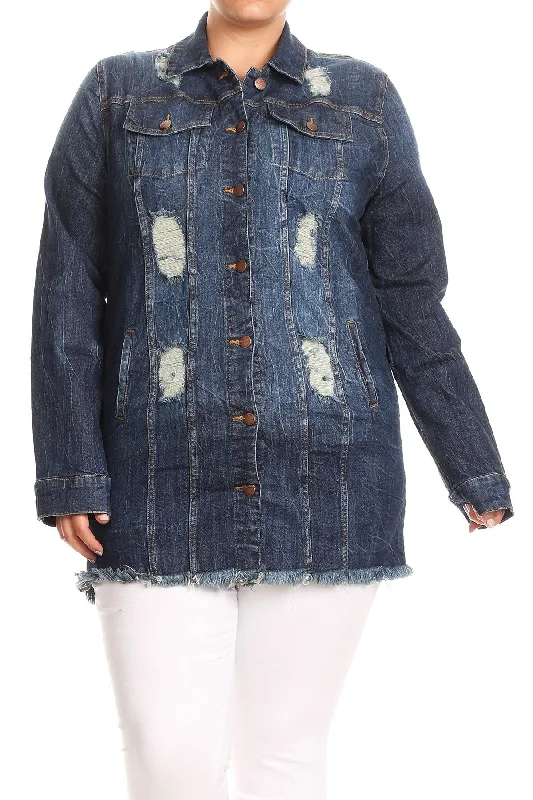 Dark Blue Shredded Back Denim Jacket Lace Jacket Ribbed Jacket Sequined Jacket