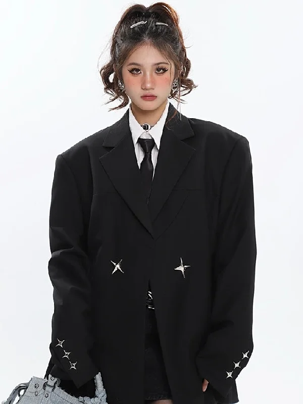 Elliana Solid Color Silver Twinkle Star Embroidery Brooch Long Sleeve Blazer Jacket Oversized Jacket Tailored Jacket Straight Jacket