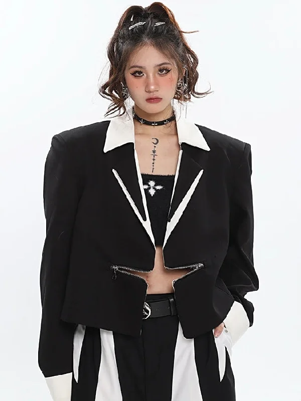 Helena Contrast Color Horizontal Zipper Long Sleev Zip Up Blazer Jacket Embroidered Jacket Appliqued Jacket Beaded Jacket