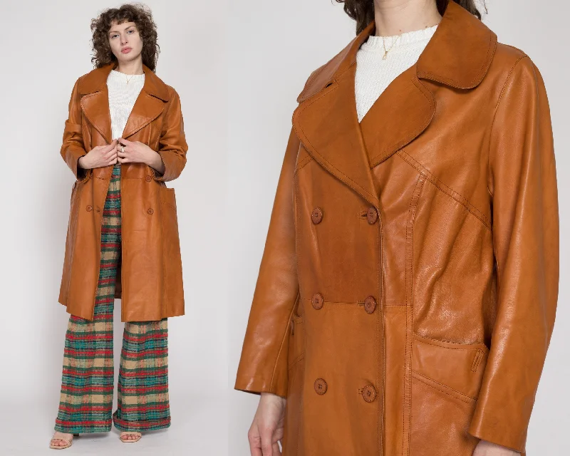 Large 70s Caramel Brown Long Leather Jacket Herringbone Jacket Houndstooth Jacket Plaid Jacket