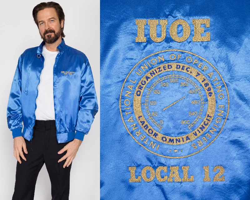 Large 80s Operating Engineers Union Blue Satin Jacket Cardigan Sweater Pullover