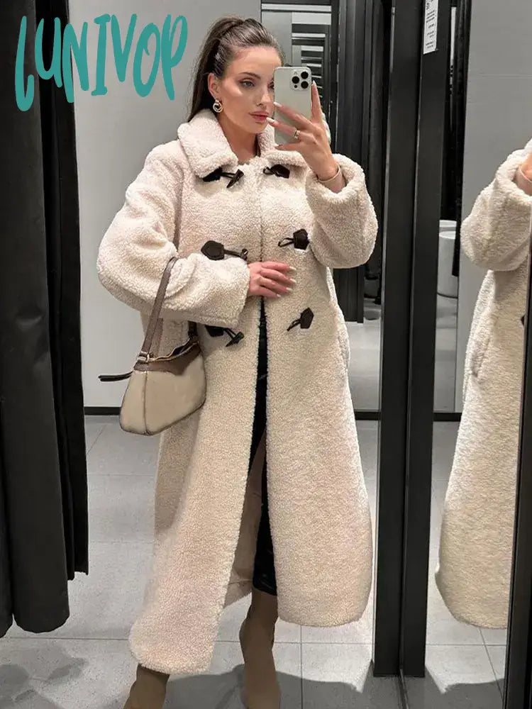 Lunivop Chic Solid Horn Button Women's Plush Long Coat Fashion Polo Neck Full Sleeve Thicken Jacket  Winter Female Elegant Outerwear Chenille Fabric Brocade Fabric Lace Fabric