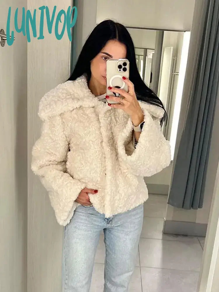 Lunivop Chic Sweet Fake Faux Fox Fur Coat Women Lapel Wide Sleeves Loose Short Outerwear Winter New Plush Thickened Warm Jacket Rayon Jacket Velvet Jacket Corduroy Jacket