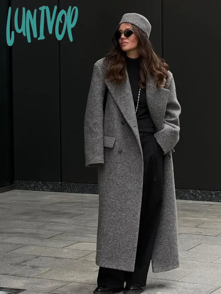 Lunivop Elegant Grey Women's Long Blends Woolen Coat Chic Loose Lapel Double Breasted Oversized Jacket  Winter Lady Fashion Overcoat Faux Fur Fabric Real Fur Fabric Shearling Fabric