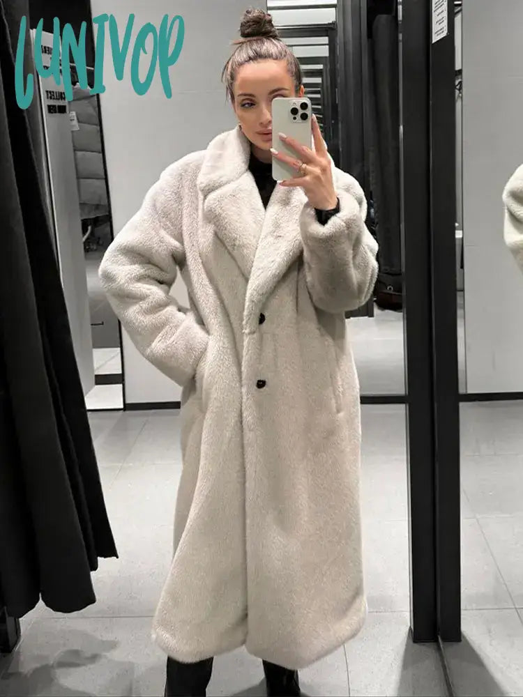 Lunivop Elegant Solid Thick Plush Coat For Women Casual Lapel Long Sleeve Single Breasted Fur Jacket  Winter Female Fashion Ouercoat Boat Neck Shawl Collar Notched Collar