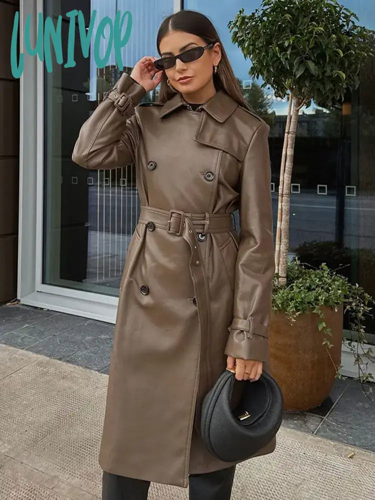 Lunivop Vintage Solid Faux Leather Lace Up Coat For Women Fashion Lapel Double Breasted Fur Jacket  Autumn Female Warm Chic Overcoat Welt Pockets Slit Pockets Flap Pockets