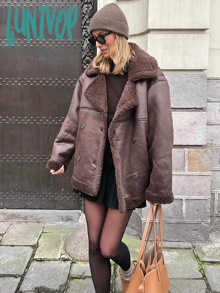 Lunivop Women Elegant Brown Faux Lambswool Fur Jacket Chic Lapel Long Sleeve Double Breasted Thick Coat Lady Fashion Warm Shearling Ribbed Jacket Pleated Jacket Ruffled Jacket