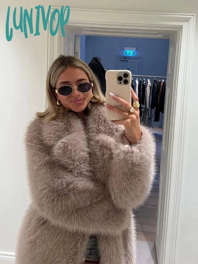 Lunivop Women Elegant Fashion Solid Long Faux Fur Coat Casual Wide-lapel Long Sleeve Thick Plush Jacket  Winter Lady Chic Streetwear Cardigan Sweater Pullover