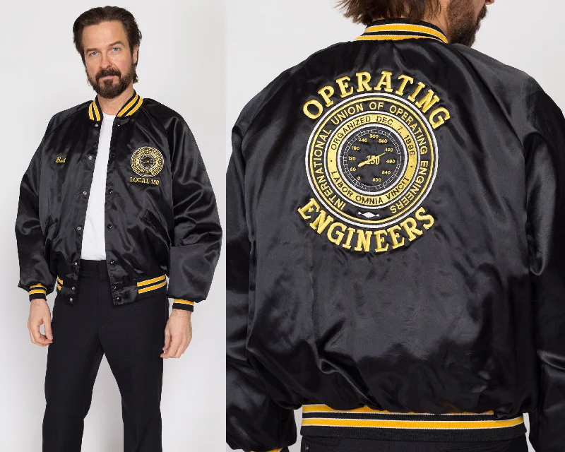 XL 90s Operating Engineers Union Black Satin Bomber Jacket Faux Fur Fabric Real Fur Fabric Shearling Fabric