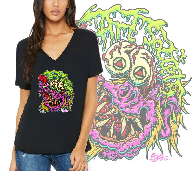 Art Society GNARLY MONSTER WOMENS V-NECK TEE BLACK Thin T-Shirt Open Front Quick Dry Art Society GNARLY MONSTER WOMENS V-NECK TEE BLACK Thin T-Shirt Open Front Quick Dry